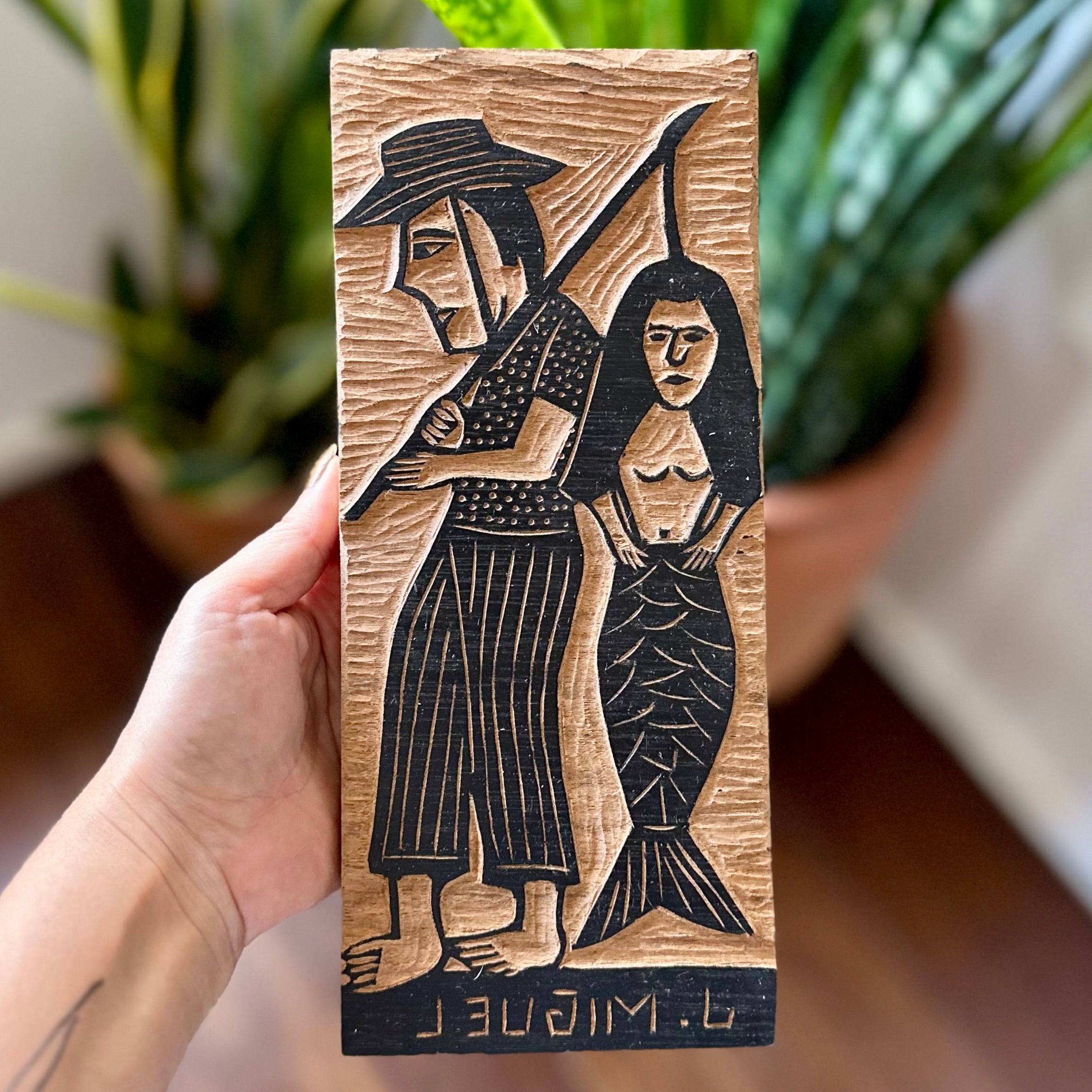 Matriz xilogravura J. Miguel - O pescador e a sereia