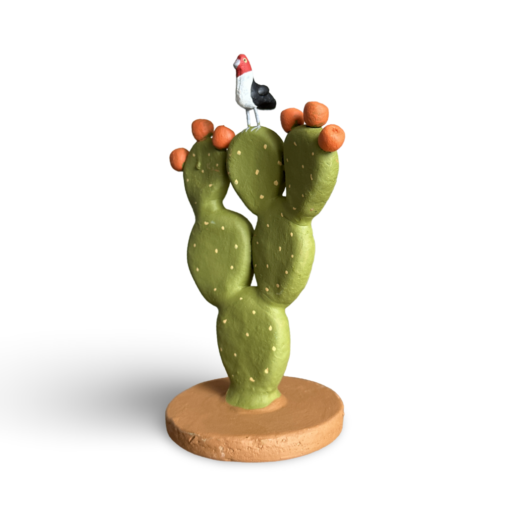 Cacto Palma com pássaro em cerâmica policromada- Leonildo