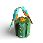 Escultura em madeira Cacto Coroa de Frade e pássaros - Elisa Cândido