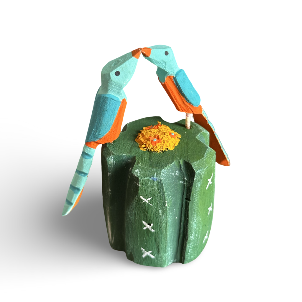 Escultura em madeira Cacto Coroa de Frade e pássaros - Elisa Cândido