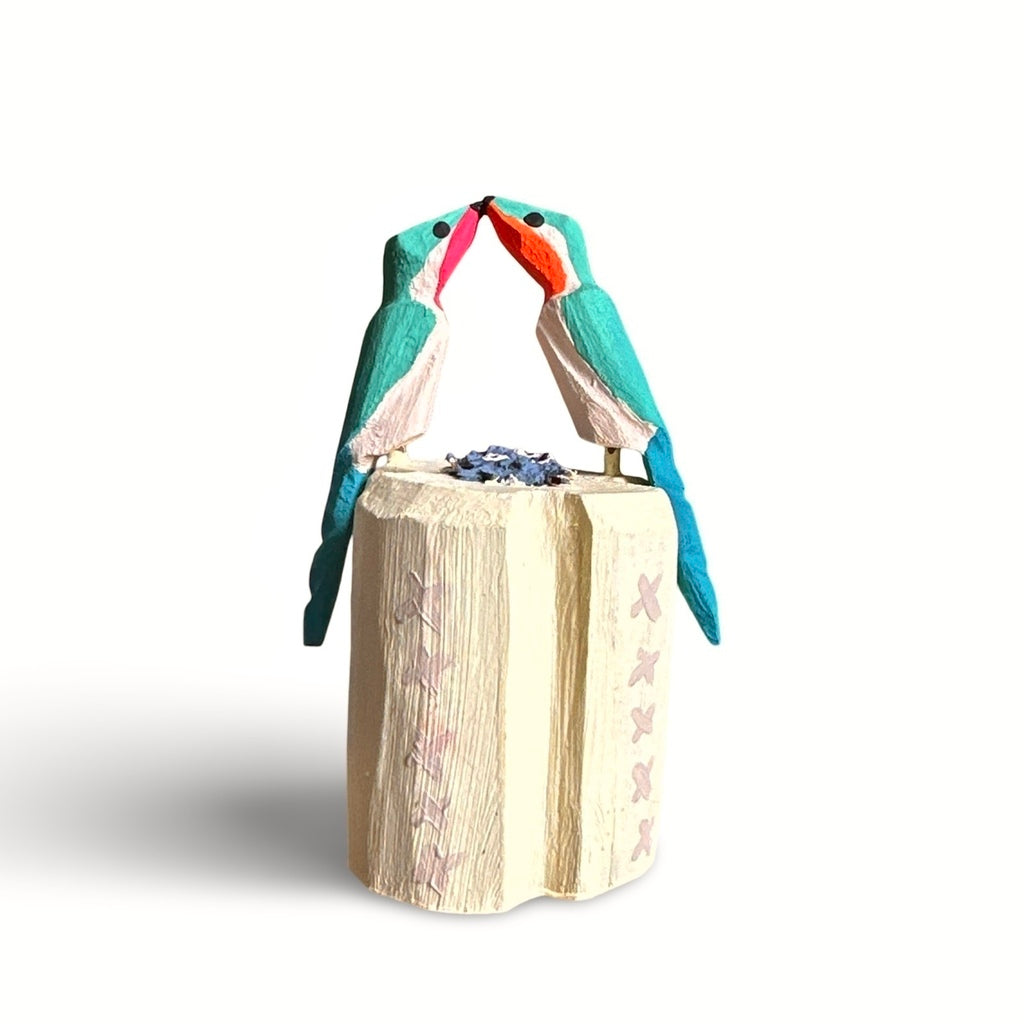 Escultura em madeira Cacto Coroa de Frade e pássaros - Elisa Cândido