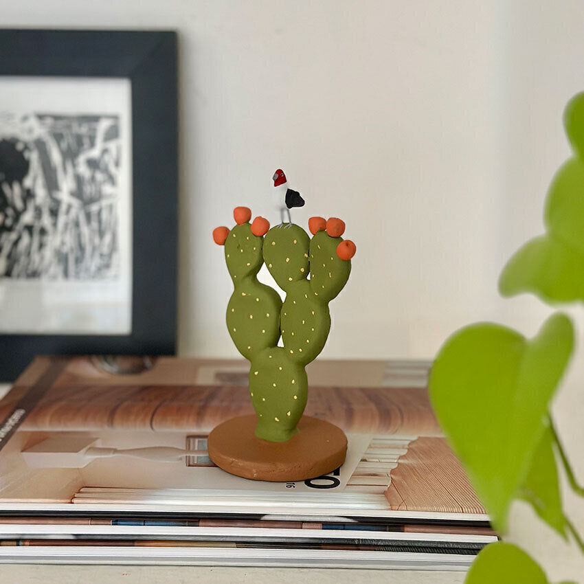 Cacto Palma com pássaro em cerâmica policromada- Leonildo