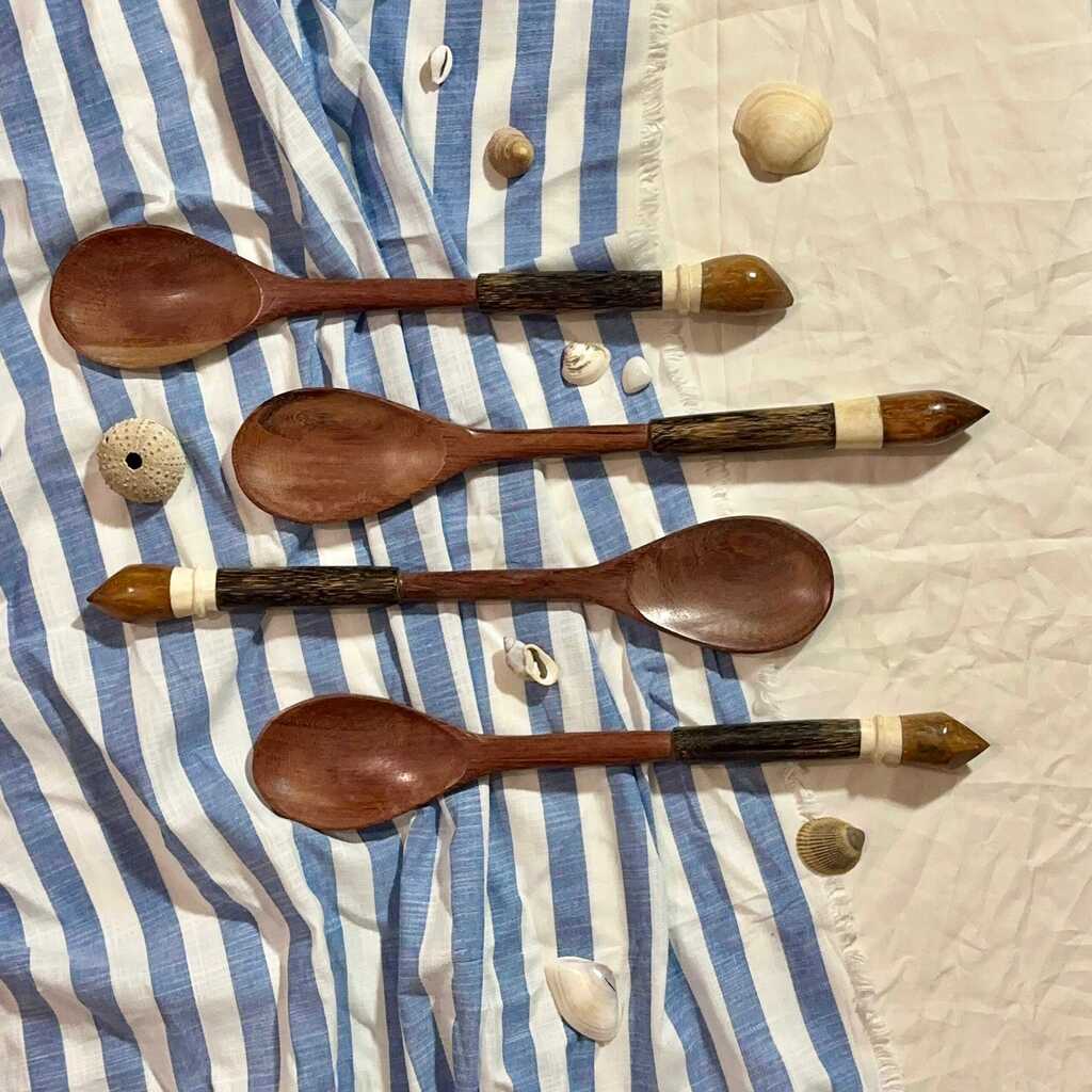 Colher em madeira, palmeira, osso e coco de piaçava