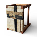 Banquinho retangular em madeira e palha trançada